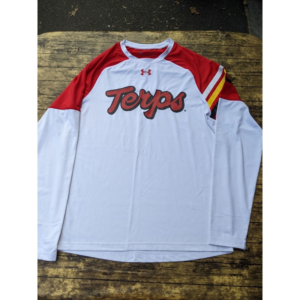 Maryland Terrapins Terps Script Under Armour Long Sleeve White Red Shirt Medium